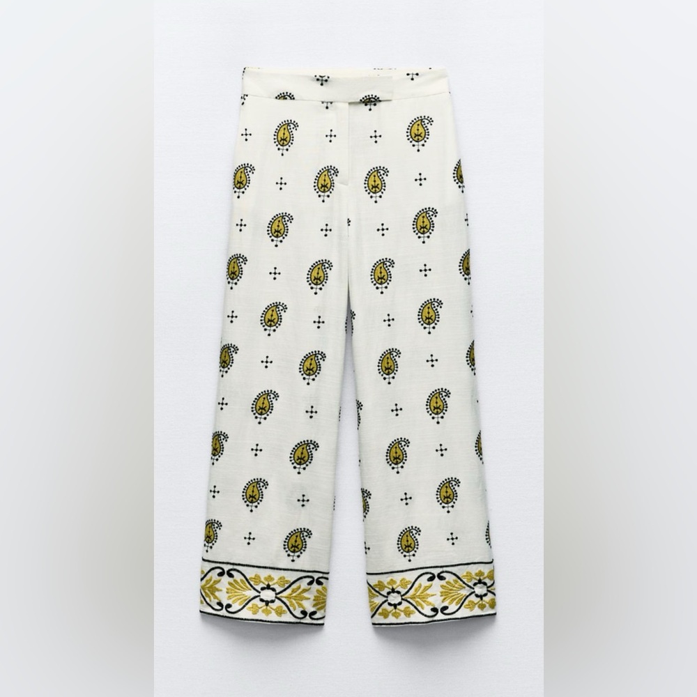 Zara NWT EMBROIDERED WIDE LEG PANTS